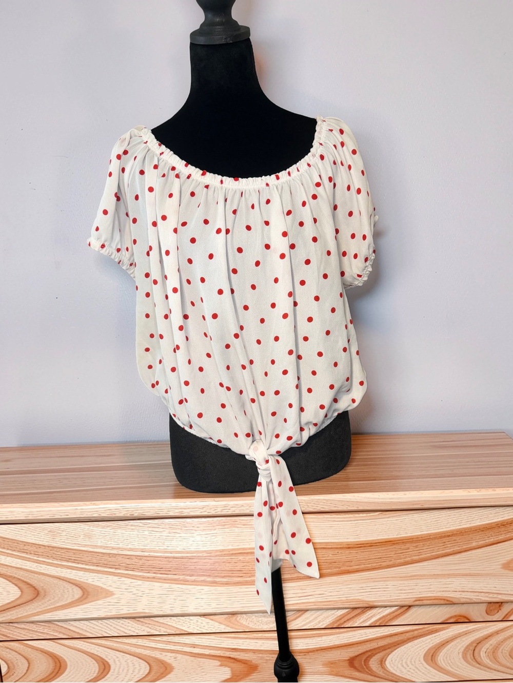 Source Unknown White Blouse with Red Polka Dots and Front Tie